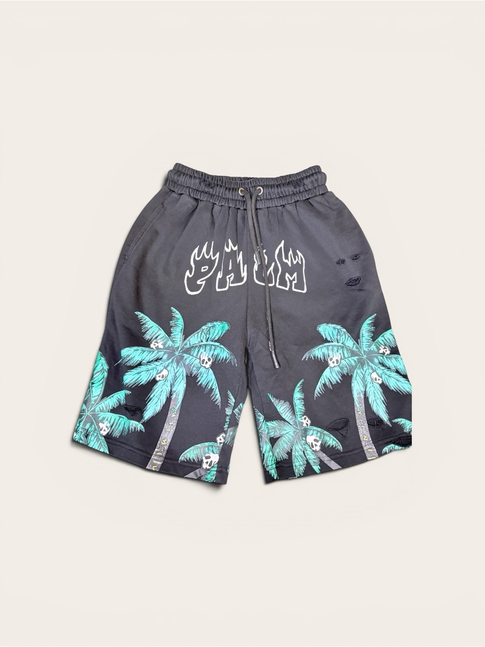 Palm Angels skull Graphic Palm Tree Print Drawstring Shorts - Black & Teal